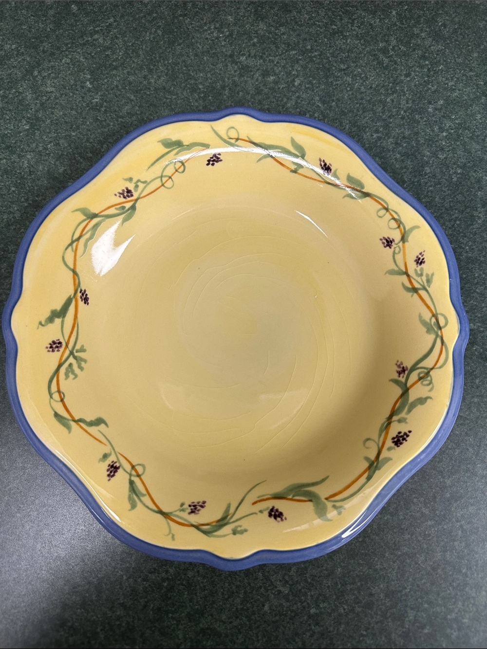 Pfaltzgraff Pistoulet Yellow Serving Bowl with Blue Rim and Vine Motif